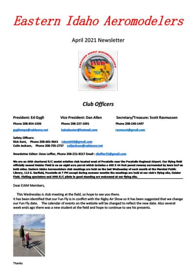 East Idaho Aeromodelers Newsletter April,4 2021
