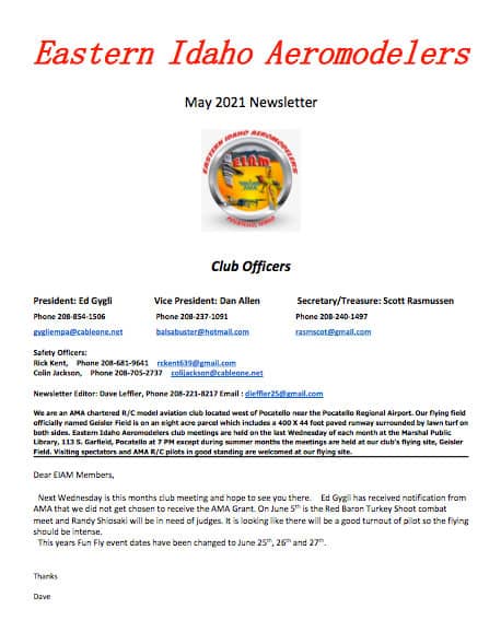 East Idaho Aeromodelers Newsletter May 5 2021