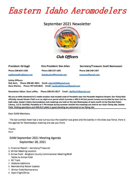September 2021 Eastern Idaho aeromodelers newsletter